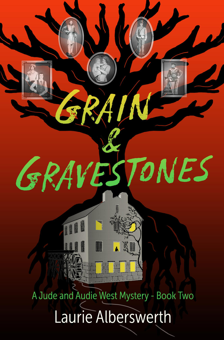 Book cover for Grain & Gravestones, second in the Jude and Audie West Mysteries. Same as Book 1's cover except for color, final cover is in work.