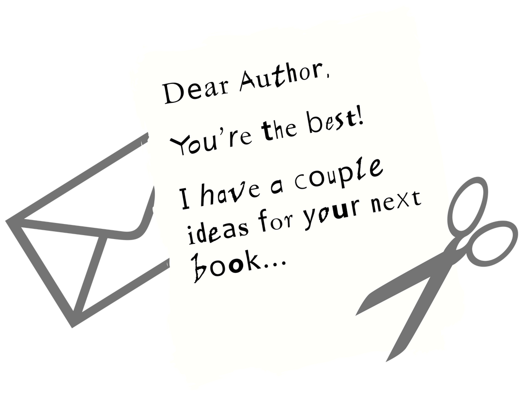 Cartoony graphic of letter to author, ransom-note style