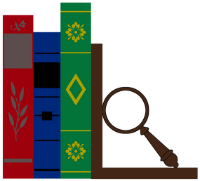 Graphic of bookends, held up with a magnifying glass